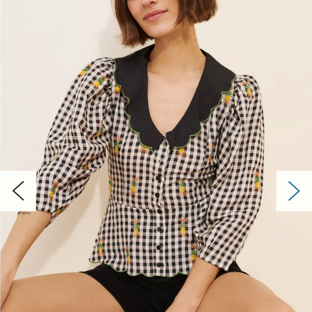 FARM Rio Gingham Blouse with Floral Accents